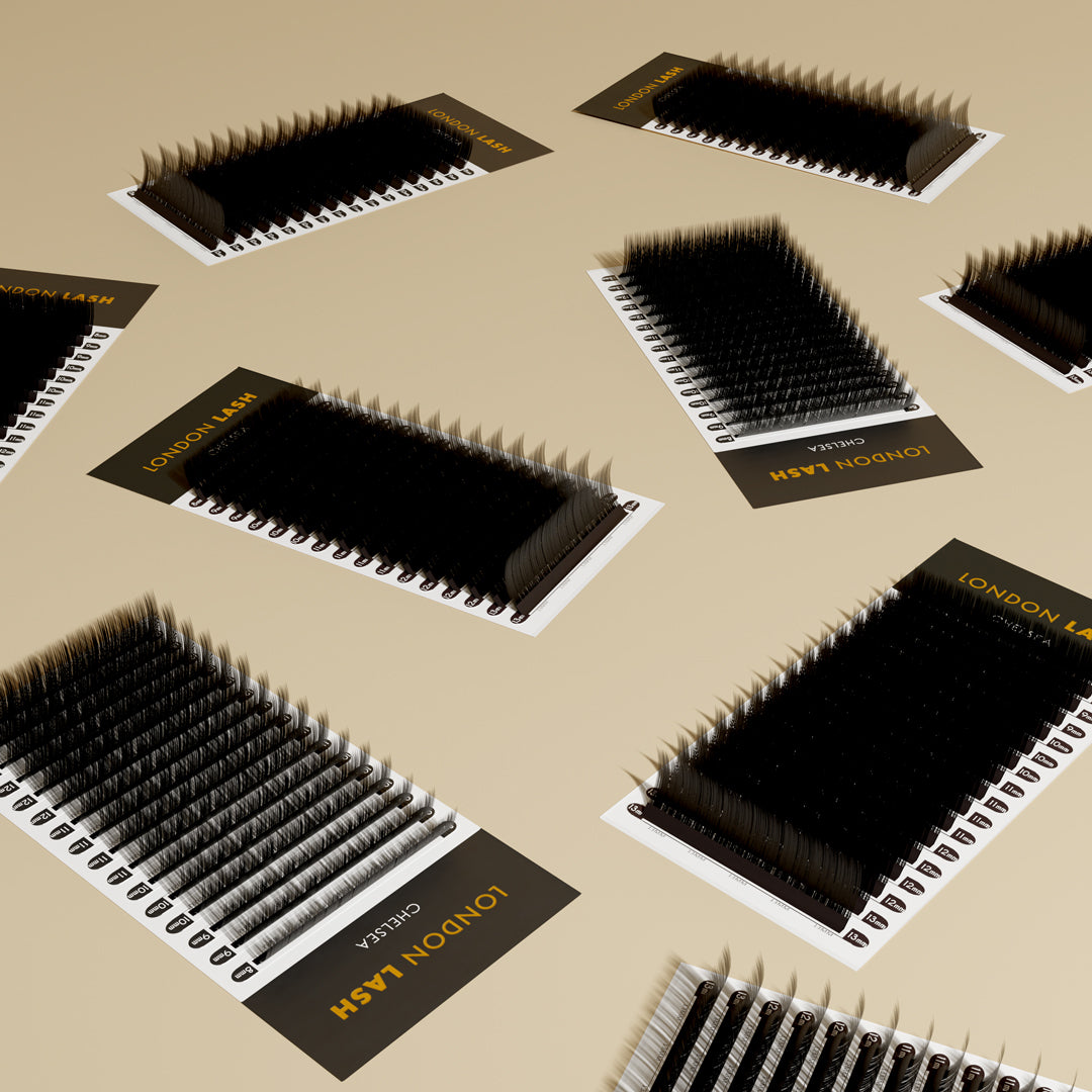 london lash eyelash extension cards with eyelash extensions on the beige background