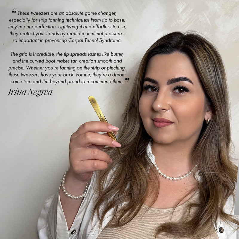 picture os lash trainer Irina Negrea with text of her quote about volume tweezers