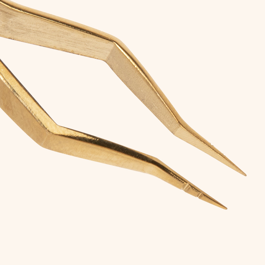 close up to the sharp til and wide boot of the isolation tweezers in gold colour