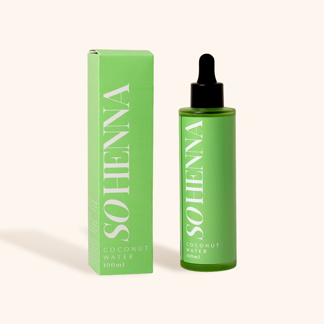 green 100ml pipet bottle with green packaging on the side for So Henna coconut water