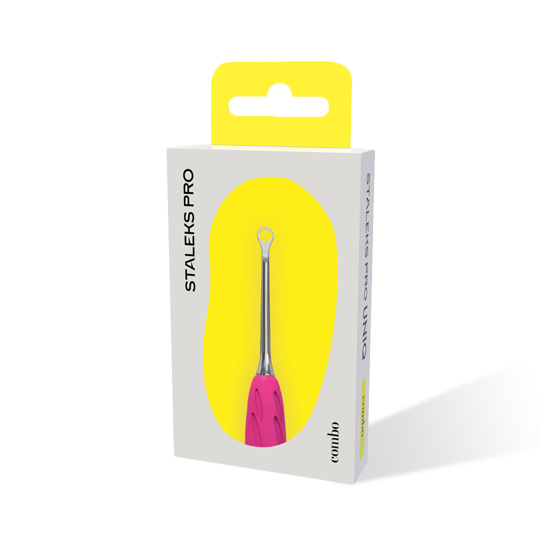 box packaging in grey and bright yellow with metallic with pink base Loop Pusher replacement on the white backgro