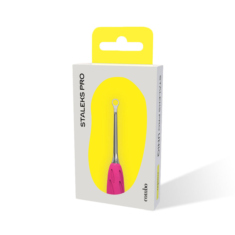 box packaging in grey and bright yellow with metallic with pink base Loop Pusher replacement on the white backgro