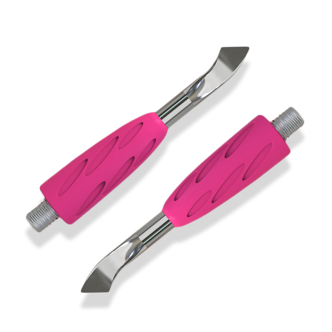a paid of steel bent blade replacements with pink base on white background