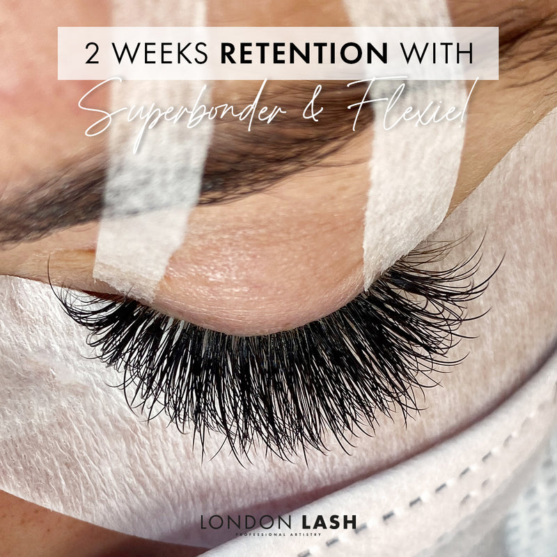 two weeks of lash extension retention with flexie lash glue and superbonder lash sealant. the lashes look almost as full as a new set.