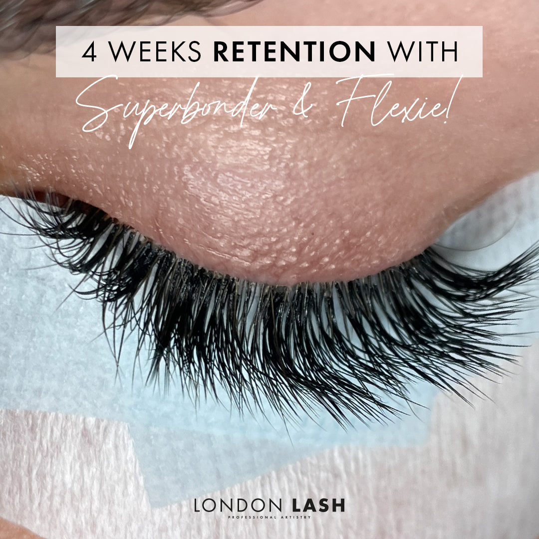 four weeks of lash extension retention with flexie lash glue and superbonder. the lashes look almost as full as a new set.