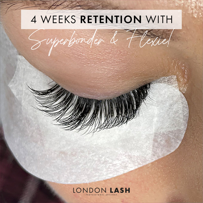 four weeks of lash extension retention with flexie lash glue and superbonder. the lashes look almost as full as a new set.