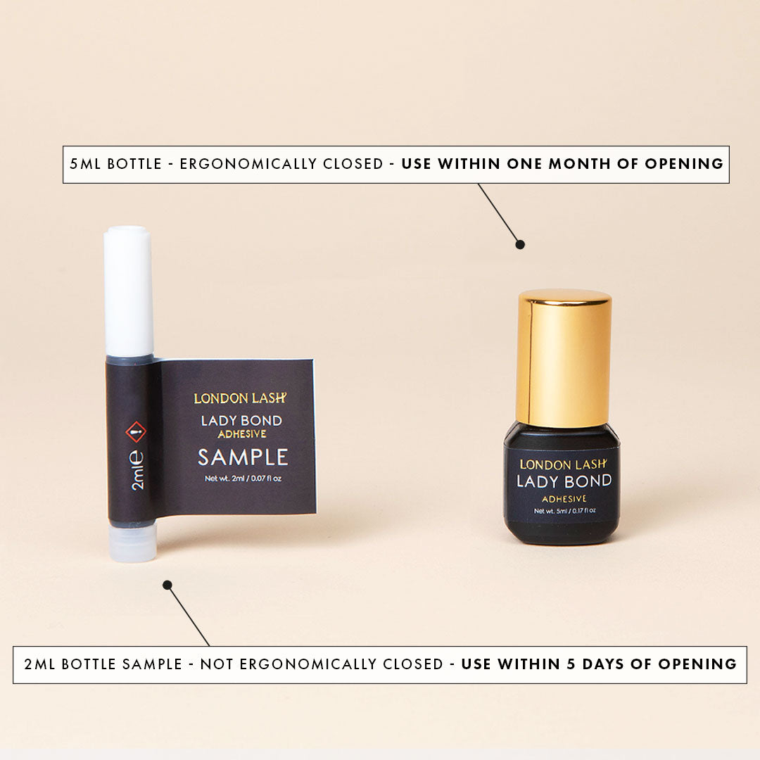 a sample bottle and full sized bottle of lady bond lash extension glue, Eyelash Extension Glue, London Lash Glue, best lash extension glue, london lash pro glue, london lash glue, lash adhesive, london lash adhesive, eyelash extension glue, best lash exte